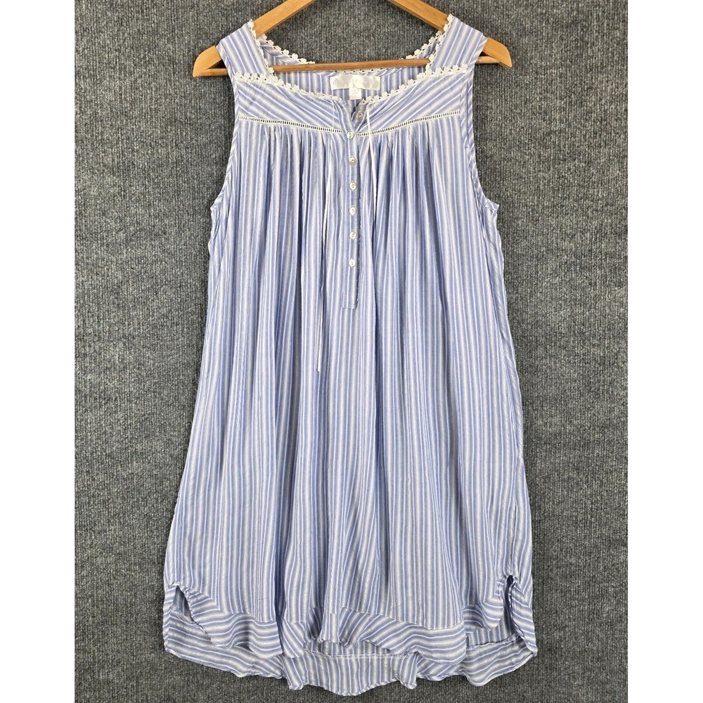 Eileen West White Blue Stripe Co Button Front Mini Floral Night Gown